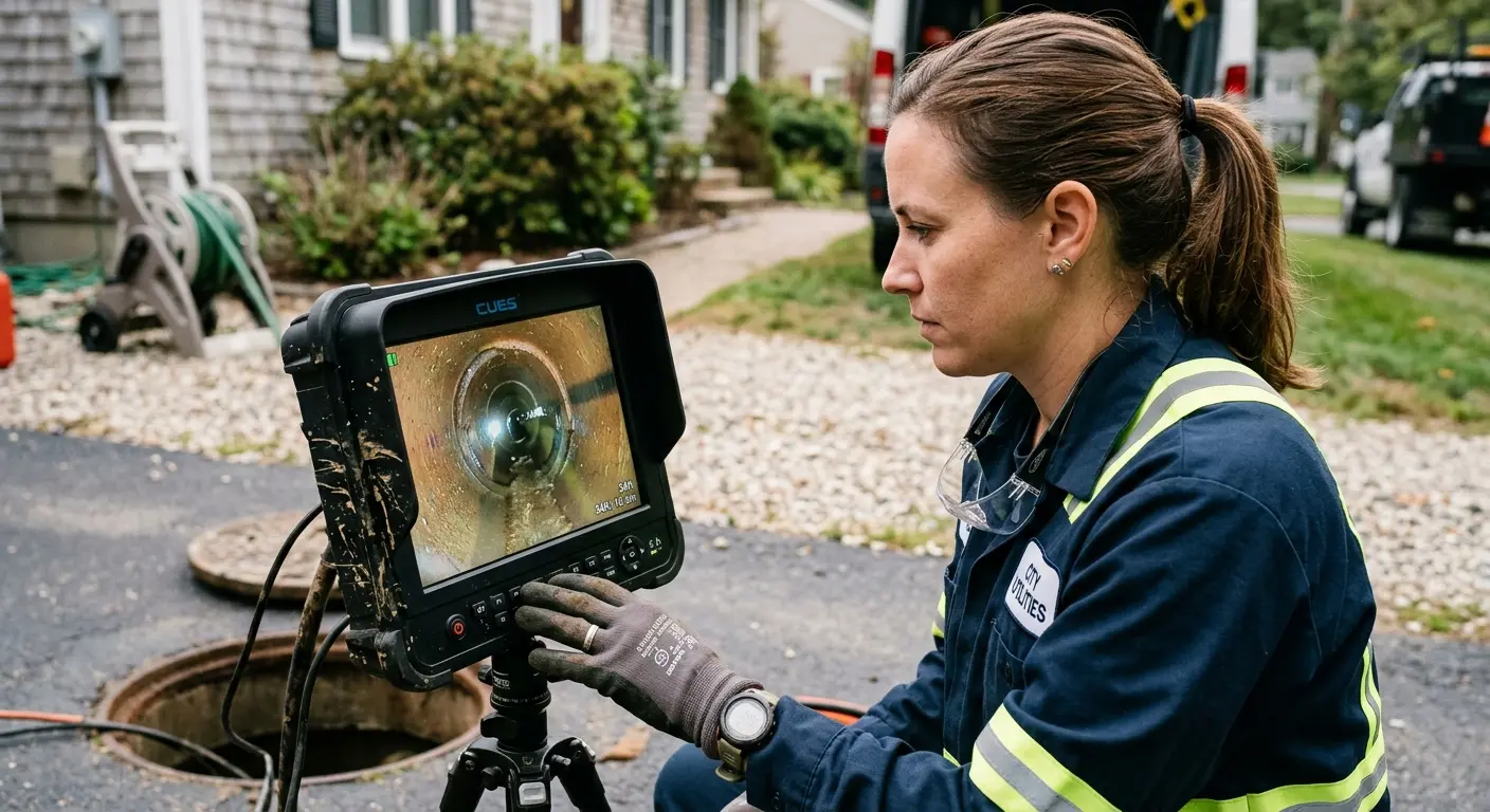 Technician reviewing sewer camera inspection footage in Ephraim