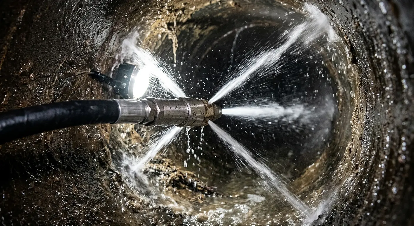 High-pressure hydro jetting nozzle cleaning sewer pipe for Sewer Cleanout in Ephraim