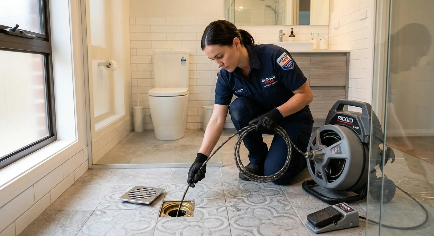 Technician clearing a bathroom floor drain for Hydro Jetting in Ephraim